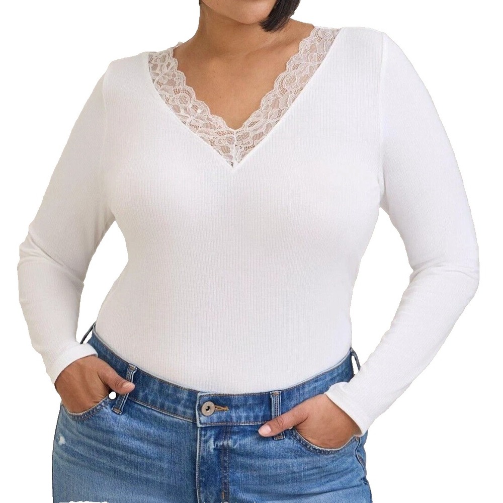 Torrid Top Rib Lace Trim V-Neck Long Sleeve Super Soft Knit NWT NEW